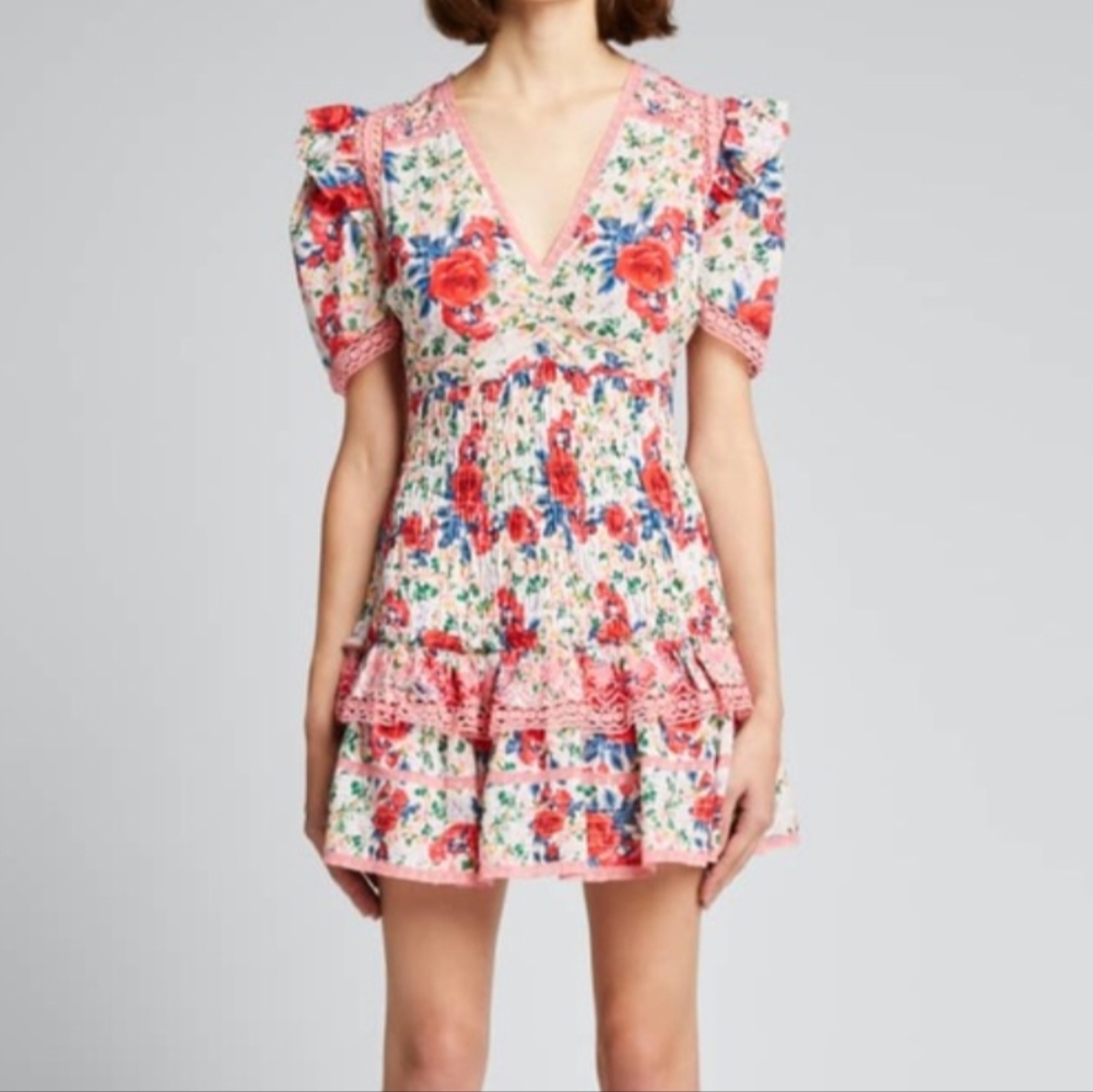 LoveShackFancy Floral Dress with Red and Blue Accents